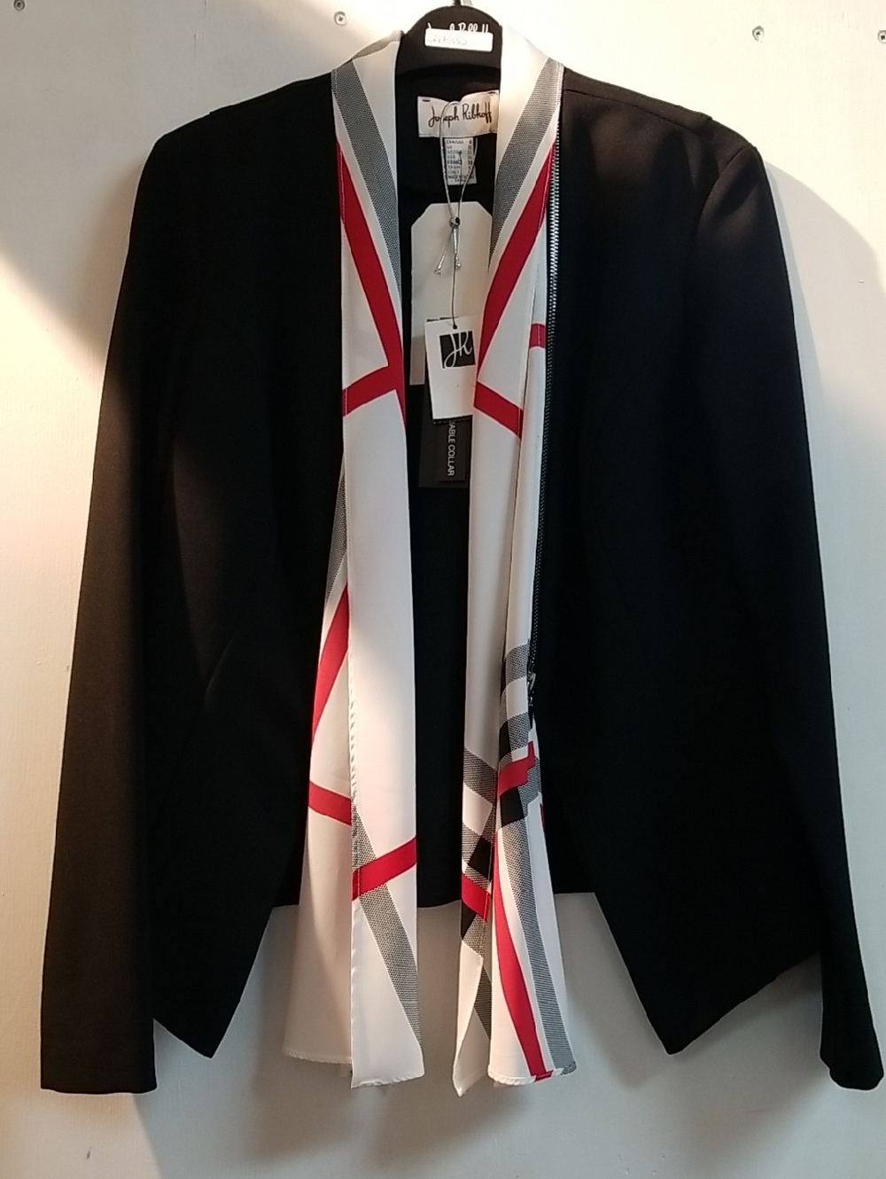 Joseph Ribkoff Black Open Jacket with White, Red and Gray Scarf